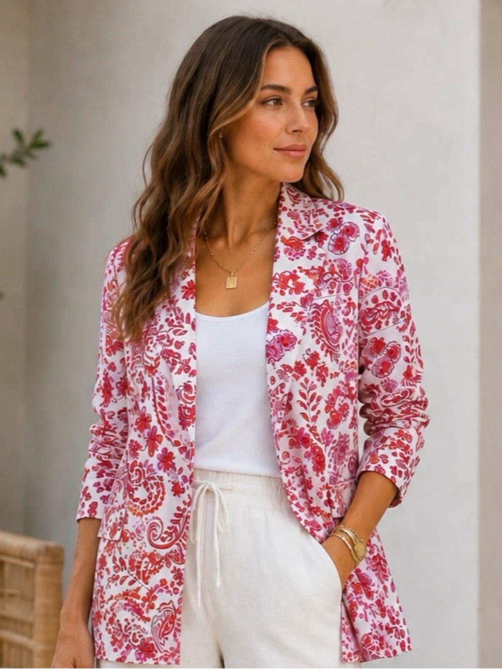Johnny Was linen Floral Pink Open Blazer Jacket - Women XS New